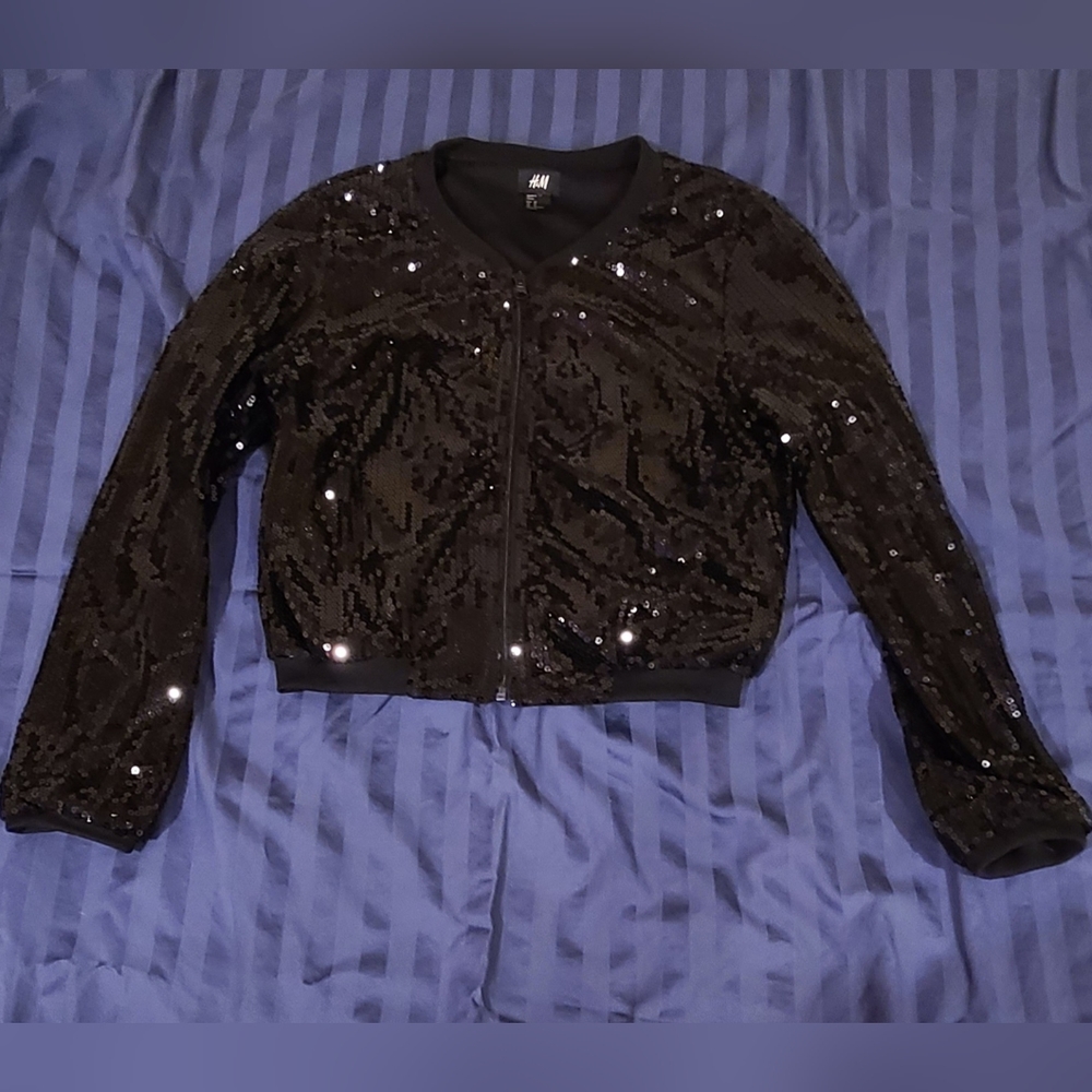 H&M Women's Size US10 Crop Sequin Black Bomber Jacket
